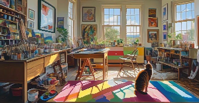 An artist's studio with colorful paints and brushes, a sunny window, and a curious cat exploring the space.