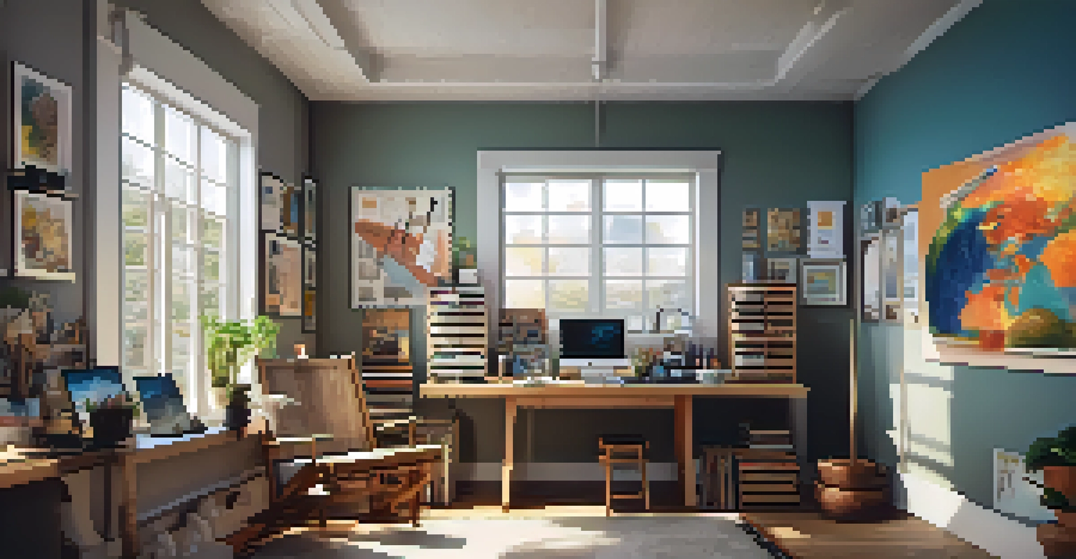 An artist's studio with canvases and digital tools, showcasing a multicultural digital art piece in warm natural light.