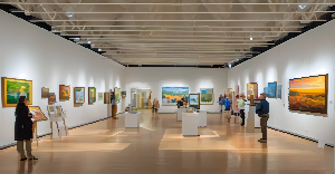 A lively art exhibition in a suburban gallery with families engaging with artworks and interactive stations.