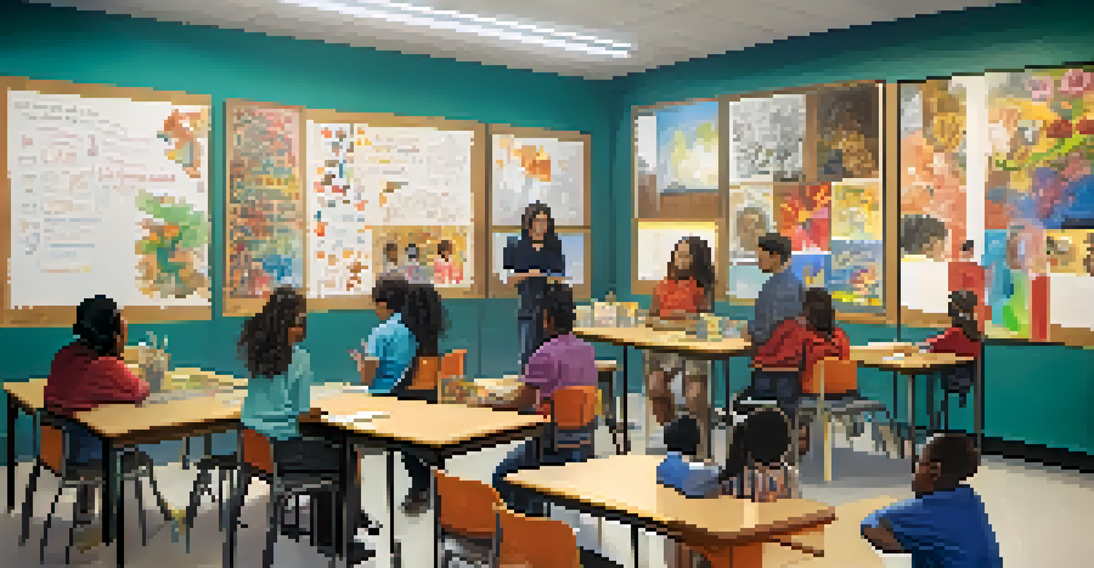 A diverse classroom with students working together on an art project, surrounded by culturally rich artwork.