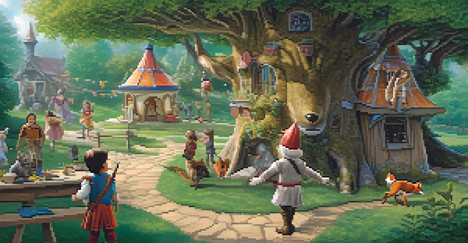 Children role-playing as folktale characters in a backyard, dressed up and engaged in imaginative play.