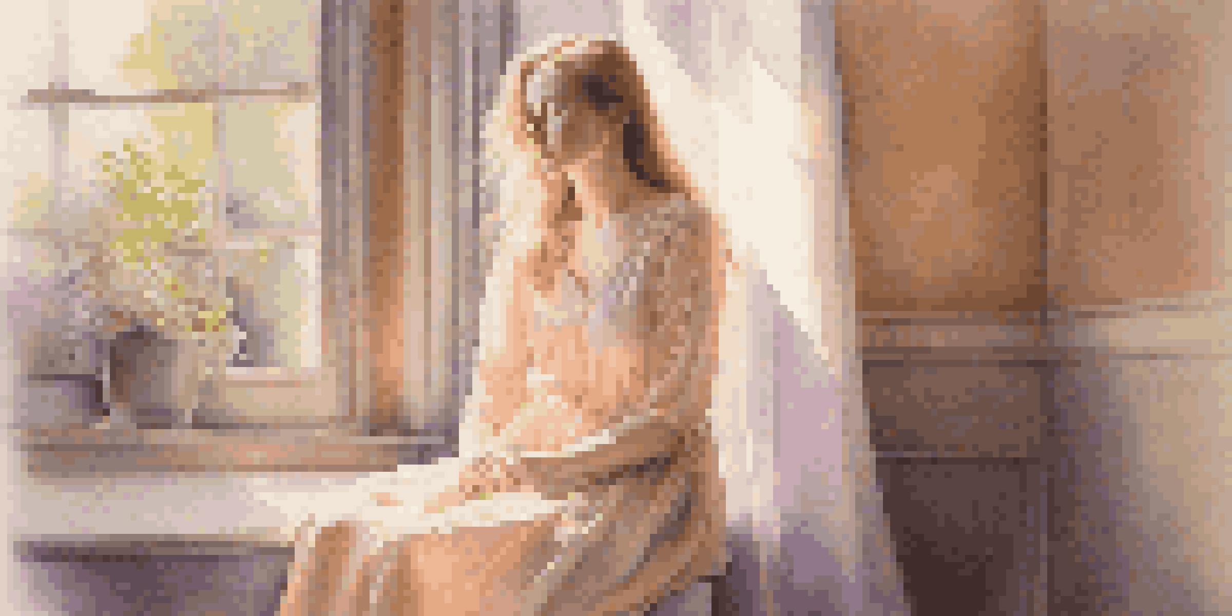 A pastel portrait of a young woman with soft peach and lavender colors, sitting in a sunlit room with gentle shadows.