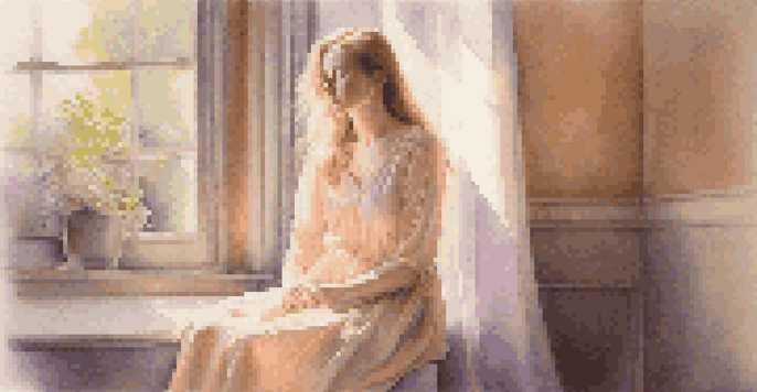 A pastel portrait of a young woman with soft peach and lavender colors, sitting in a sunlit room with gentle shadows.