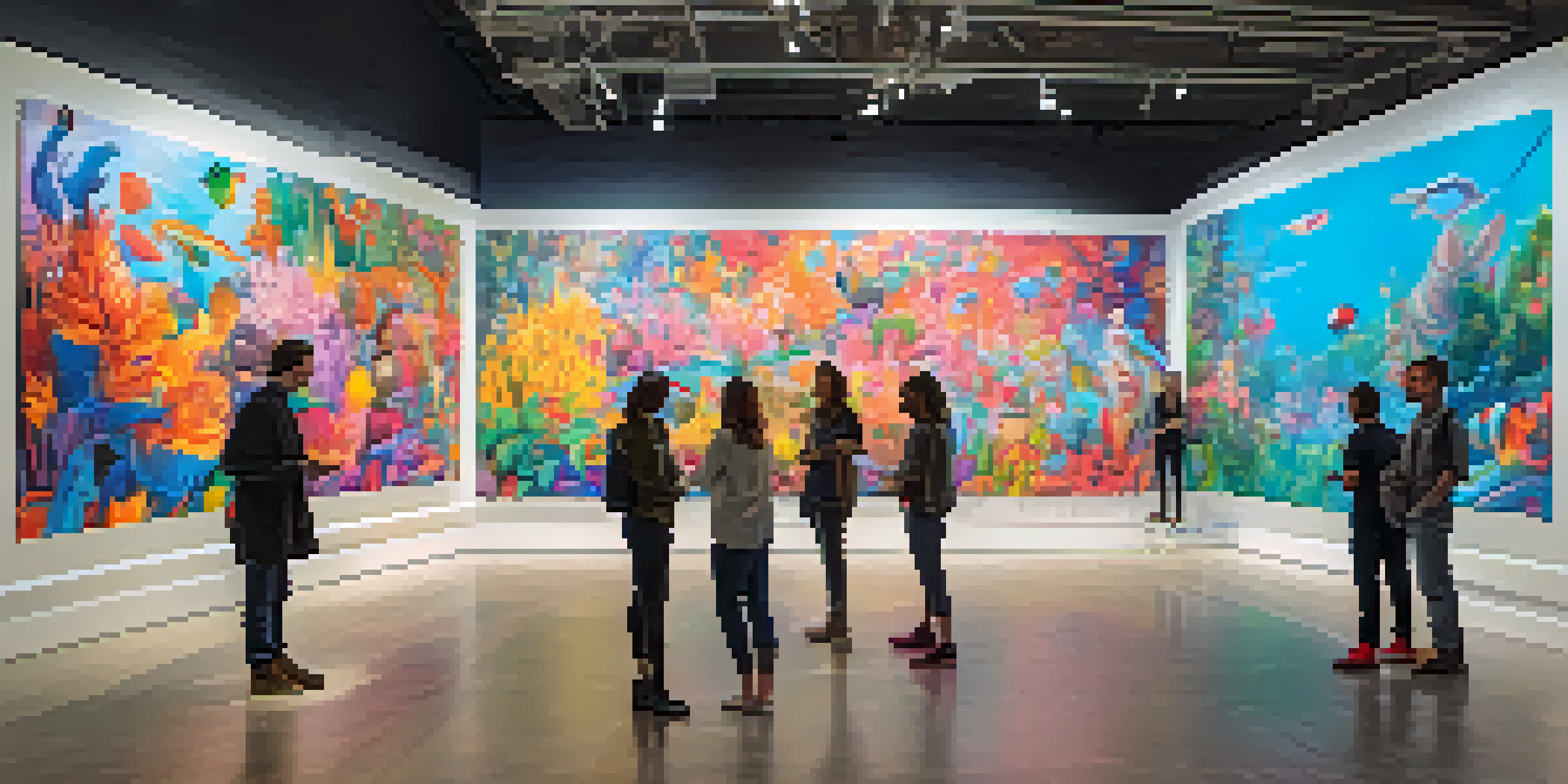 An art gallery with a colorful mural coming to life through augmented reality, with viewers using smartphones to interact with the art.