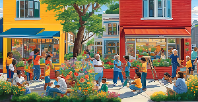 A colorful mural featuring people of various ages, including seniors and children, collaborating on art in a sunny neighborhood with flowers and greenery.