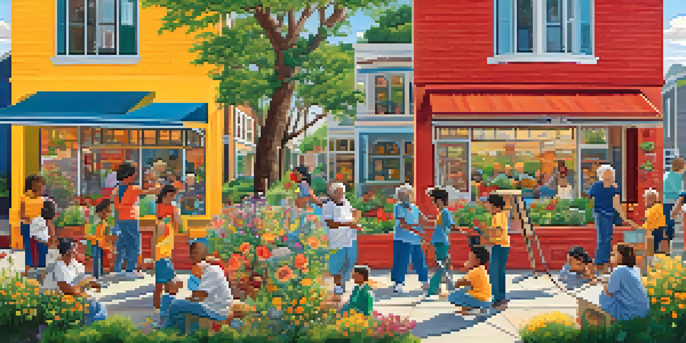 A colorful mural featuring people of various ages, including seniors and children, collaborating on art in a sunny neighborhood with flowers and greenery.