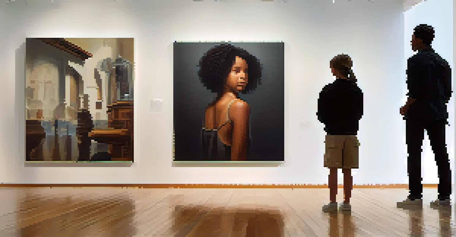 A young artist reflecting on their artwork displayed in a beautifully lit gallery, embodying creativity and self-expression.