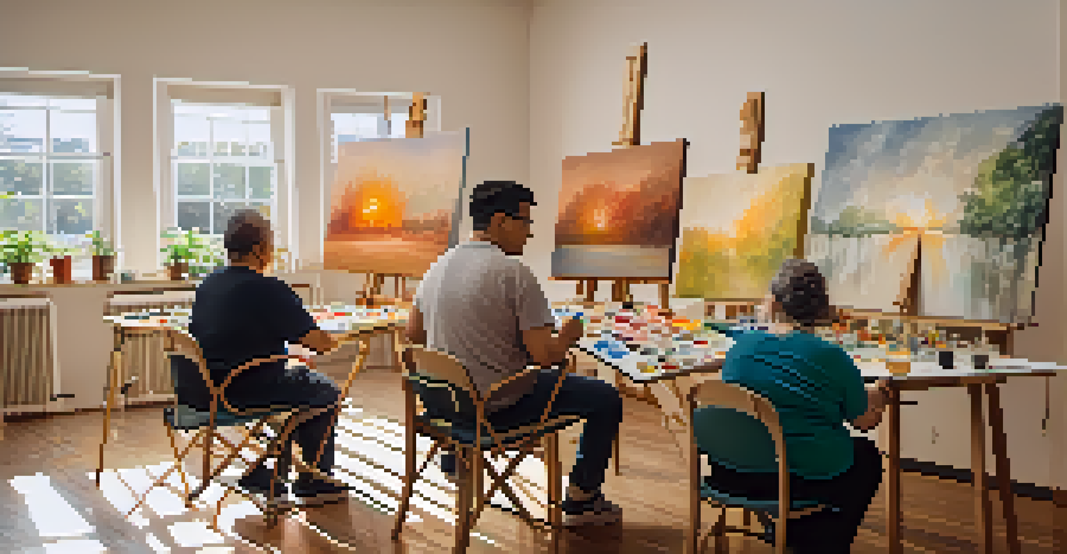 A serene art therapy session with individuals with disabilities engaged in creative activities in a softly lit room, promoting healing and self-expression.