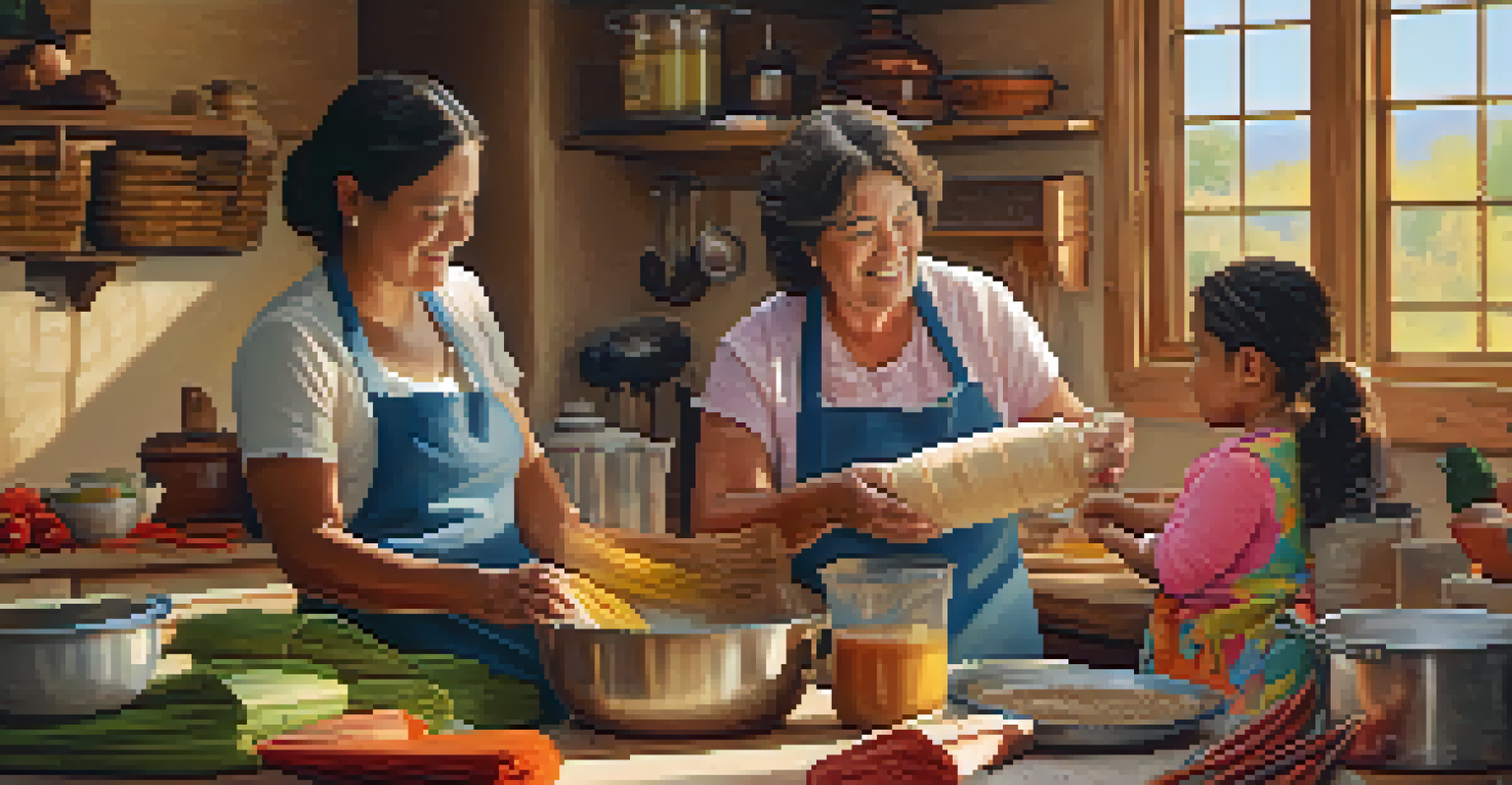 A grandmother teaching her grandchildren to make tamales in a cozy family kitchen filled with warmth and love.