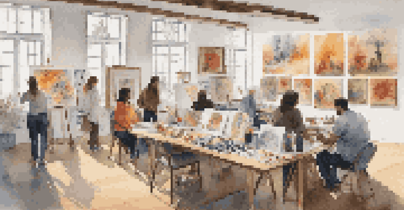 A cozy studio workshop with artists discussing cultural sensitivity in art, surrounded by art supplies and colorful paintings.