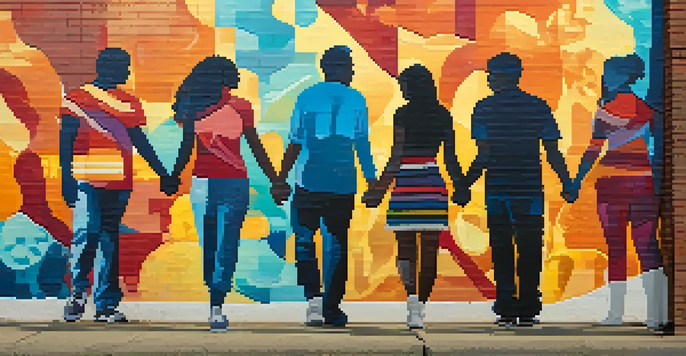 A colorful mural on a brick wall showing diverse people holding hands, representing unity.
