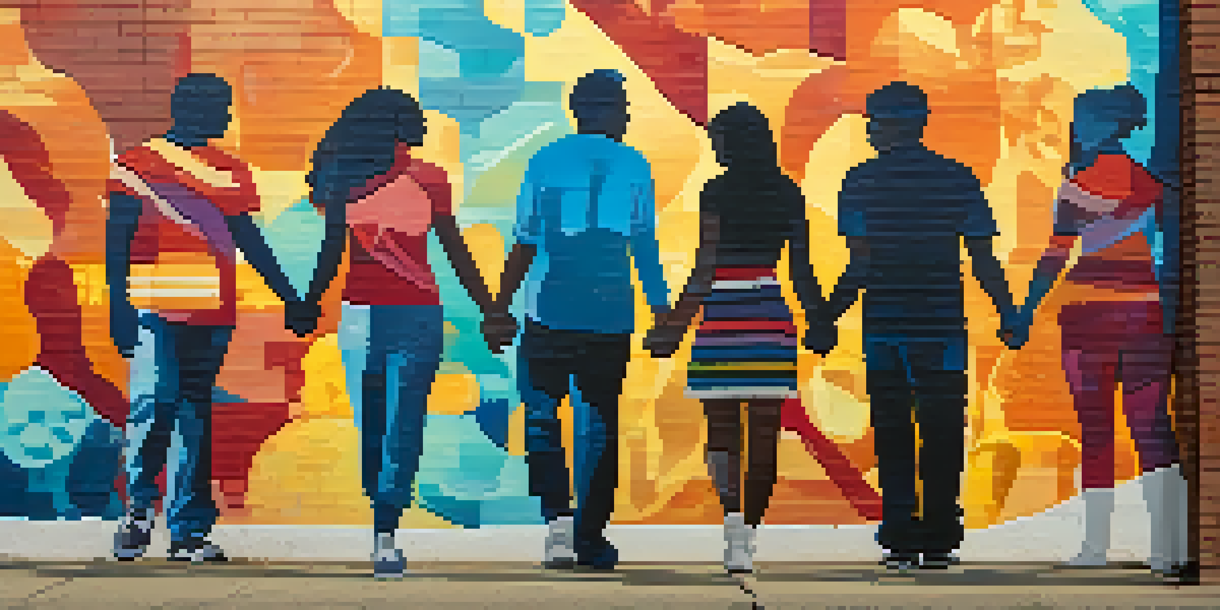 A colorful mural on a brick wall showing diverse people holding hands, representing unity.
