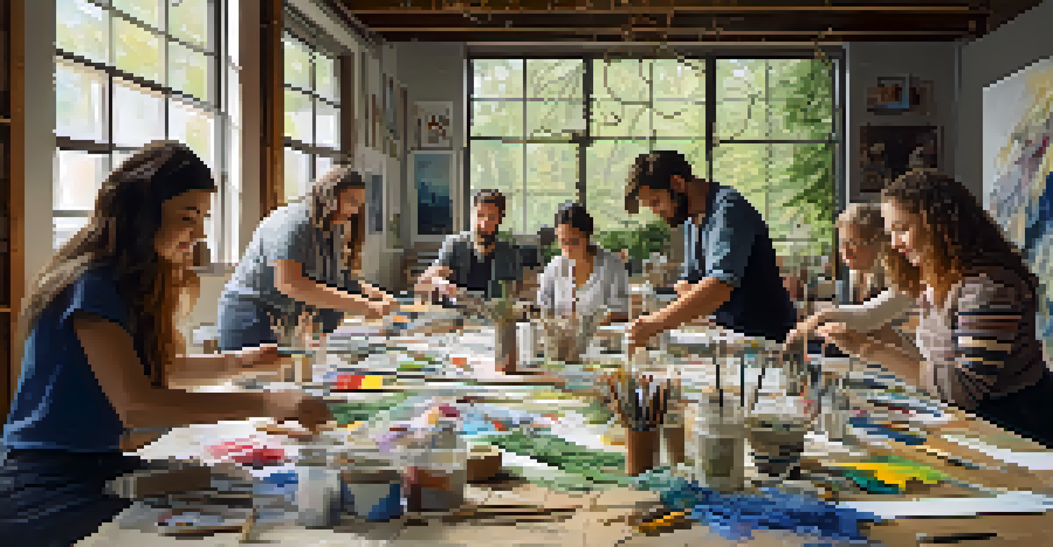A lively group of artists working together in a playful art workshop with various materials.