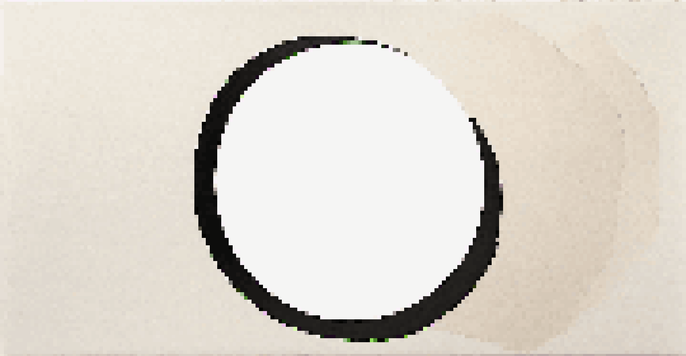 A large white canvas with a bold black circle off-center, softly lit with visible canvas texture.
