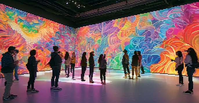 An interactive digital mural in a gallery, changing colors as visitors engage with it.
