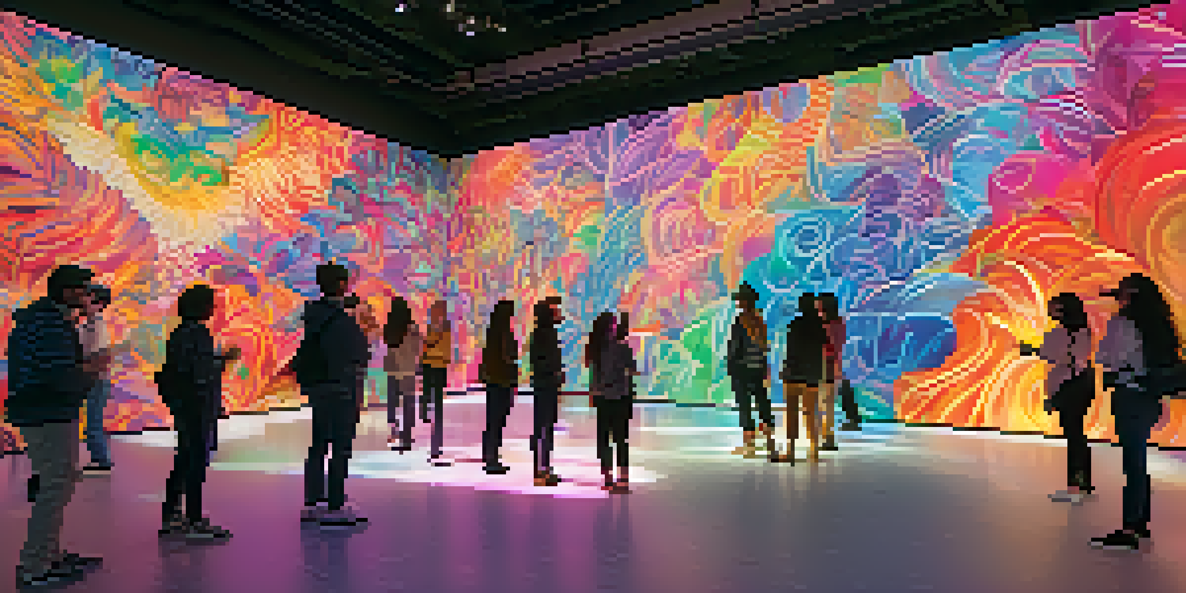 An interactive digital mural in a gallery, changing colors as visitors engage with it.