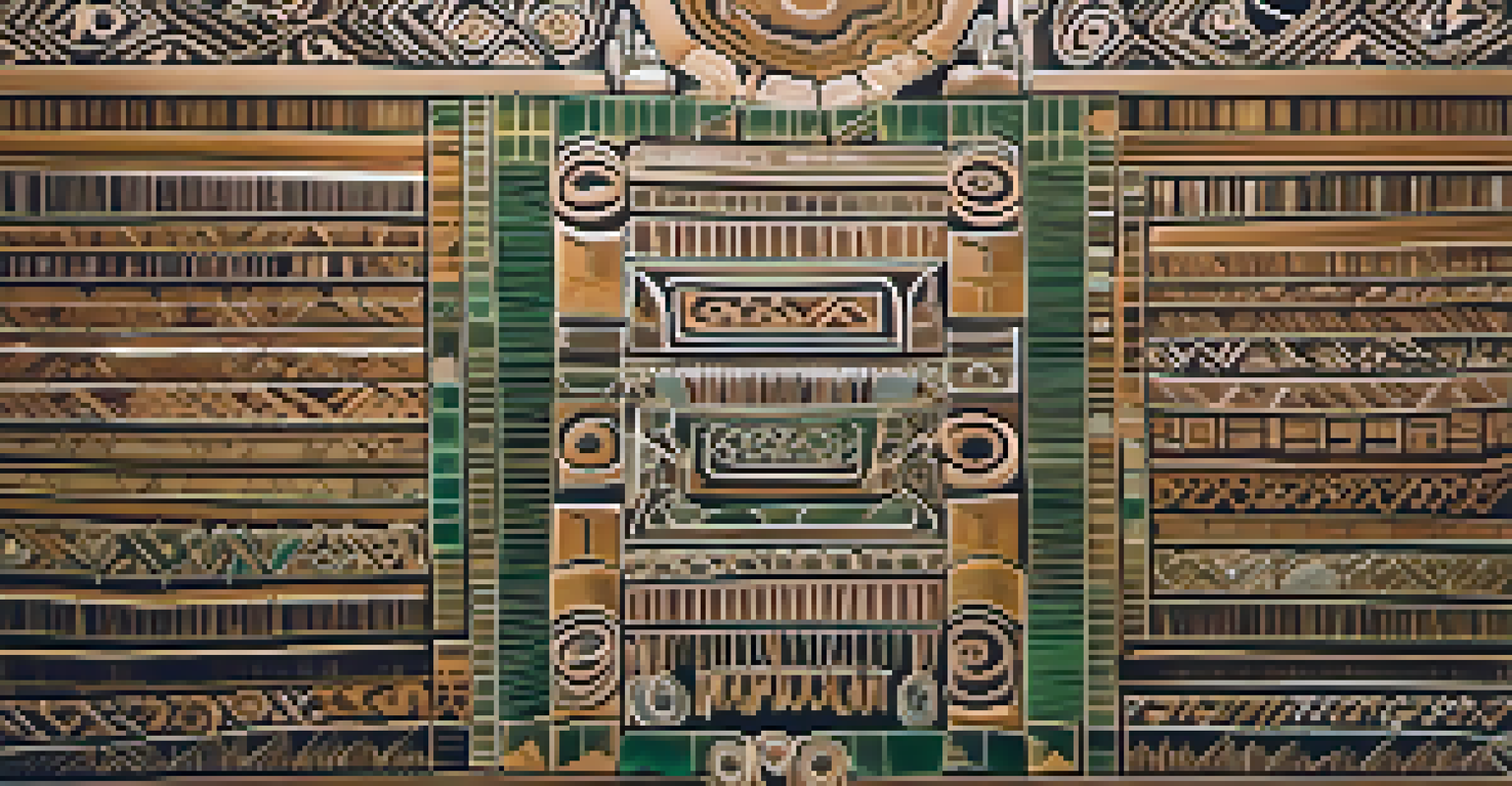 A close-up of traditional Indigenous artwork featuring intricate patterns in natural earth tones, displayed in a gallery with soft lighting.