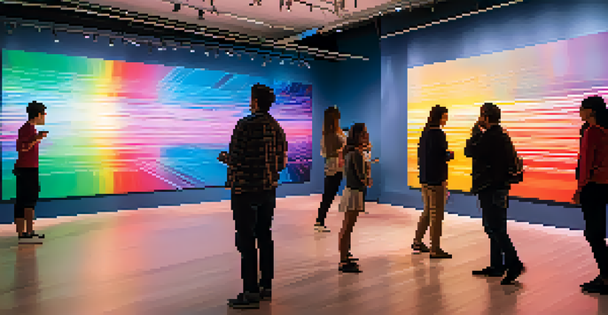 A modern art gallery showcasing a colorful sound installation where visitors interact with sound sensors, creating a dynamic atmosphere.