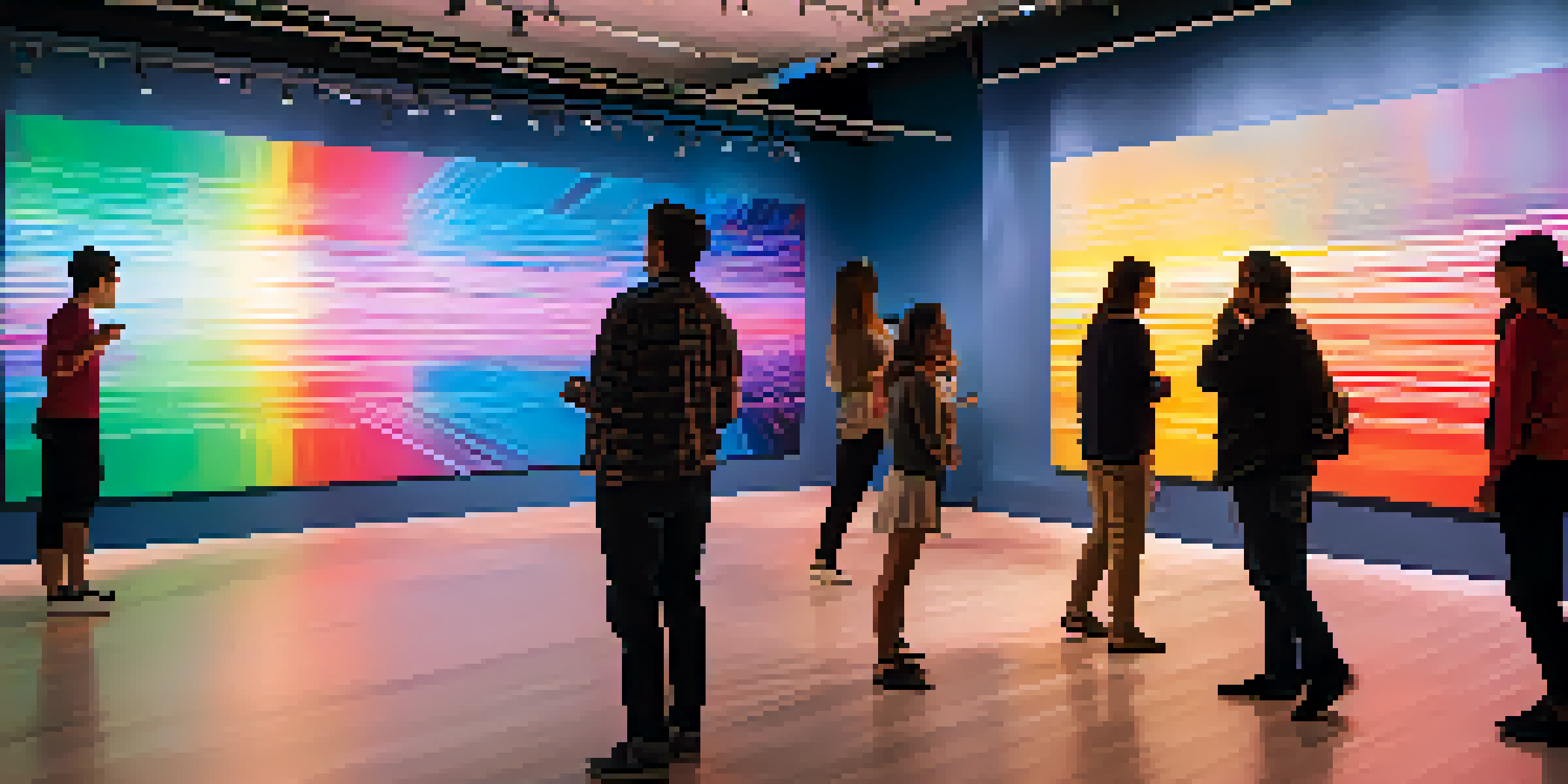A modern art gallery showcasing a colorful sound installation where visitors interact with sound sensors, creating a dynamic atmosphere.