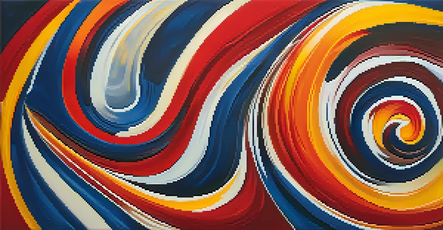 An abstract painting featuring swirling colors and varied textures that evoke emotions.