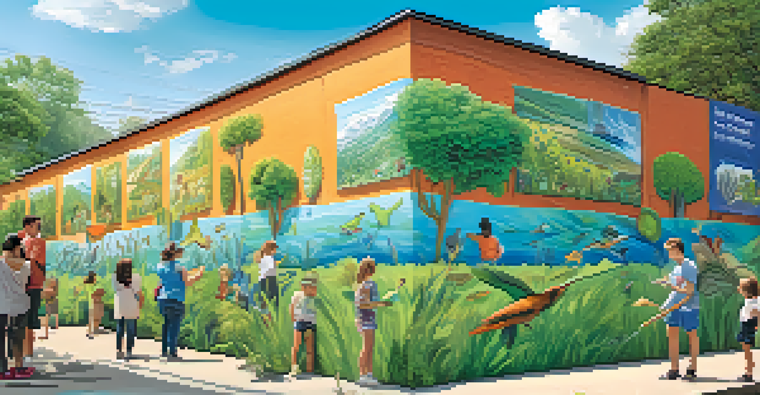 A young artist painting a mural of local ecosystems, with a diverse crowd watching and participating in a community art project.