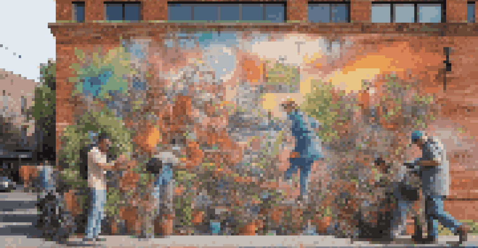 A street artist creating a colorful mural on a brick wall, surrounded by an audience.