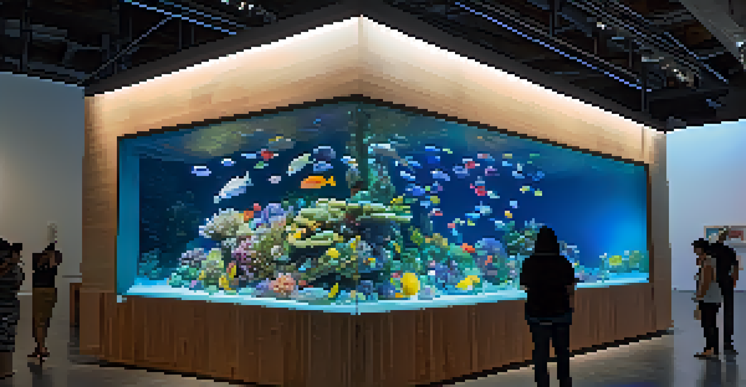 An artistic coral reef installation made from recycled materials, lit in blue, with people exploring it.