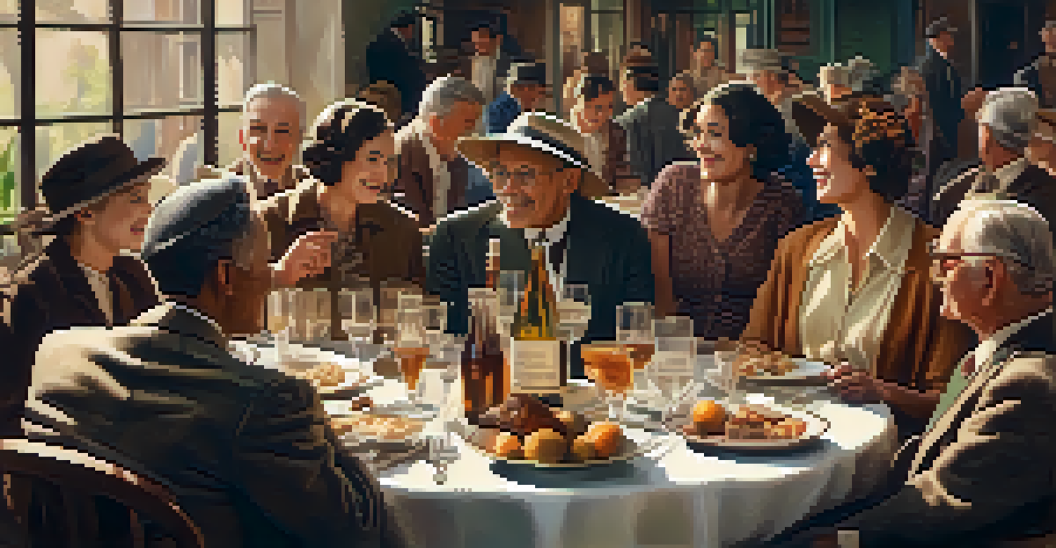 A community gathering in the 1930s, with diverse individuals sharing stories and enjoying each other's company in a warm setting.