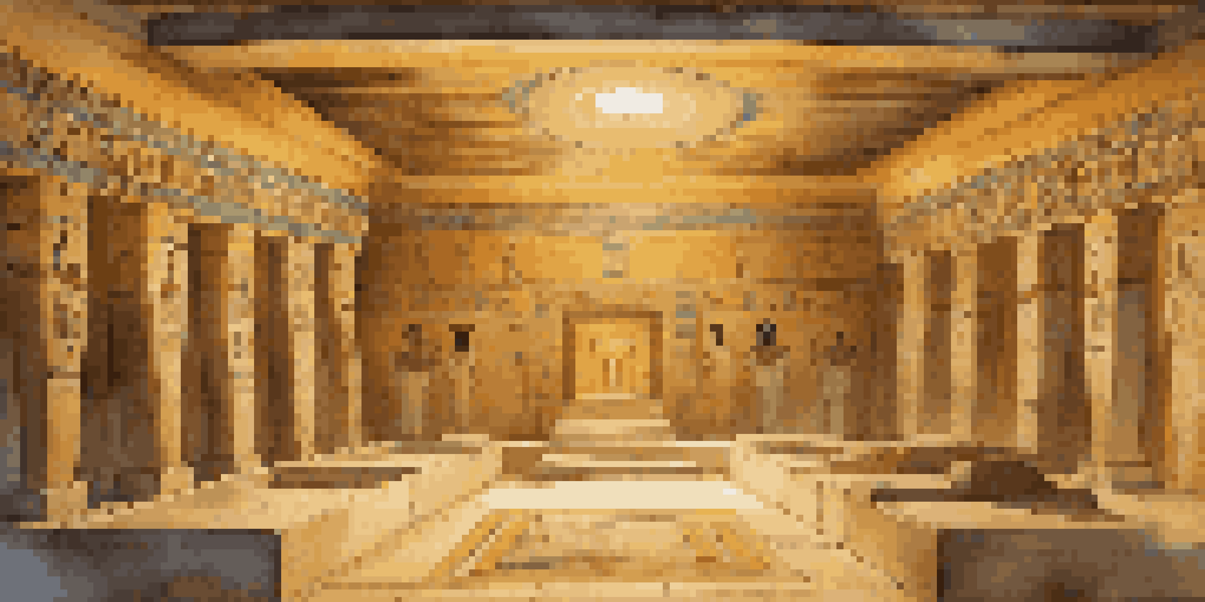 An interior view of an ancient Egyptian tomb with colorful wall paintings, gold artifacts, and soft candlelight.