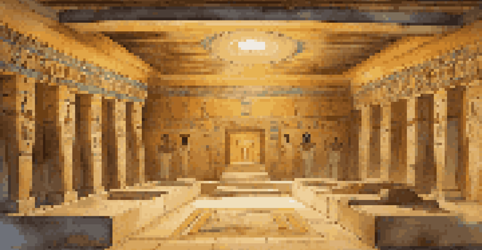 An interior view of an ancient Egyptian tomb with colorful wall paintings, gold artifacts, and soft candlelight.
