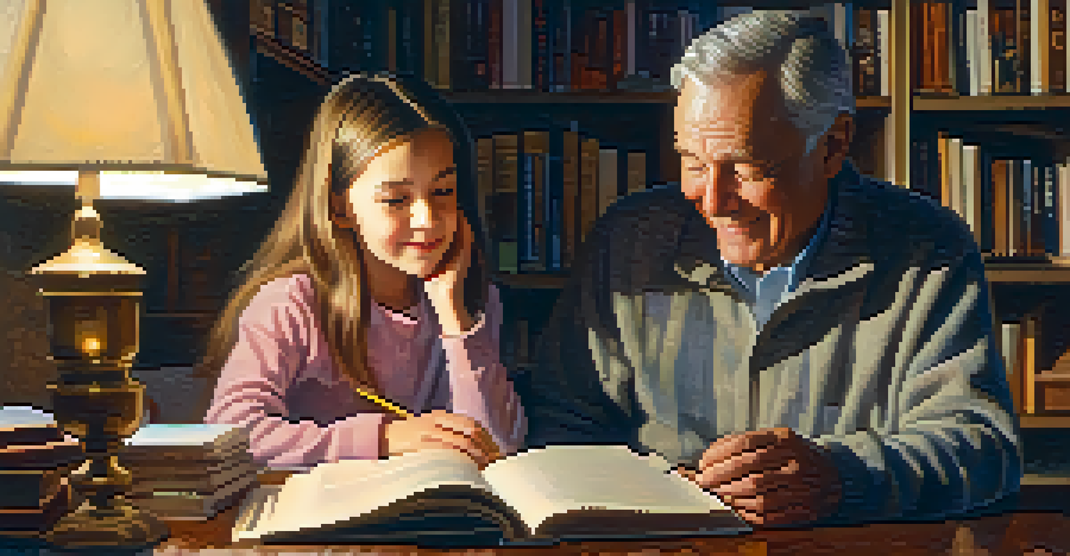 An elderly man telling a story to a young girl in a warm living room filled with books.