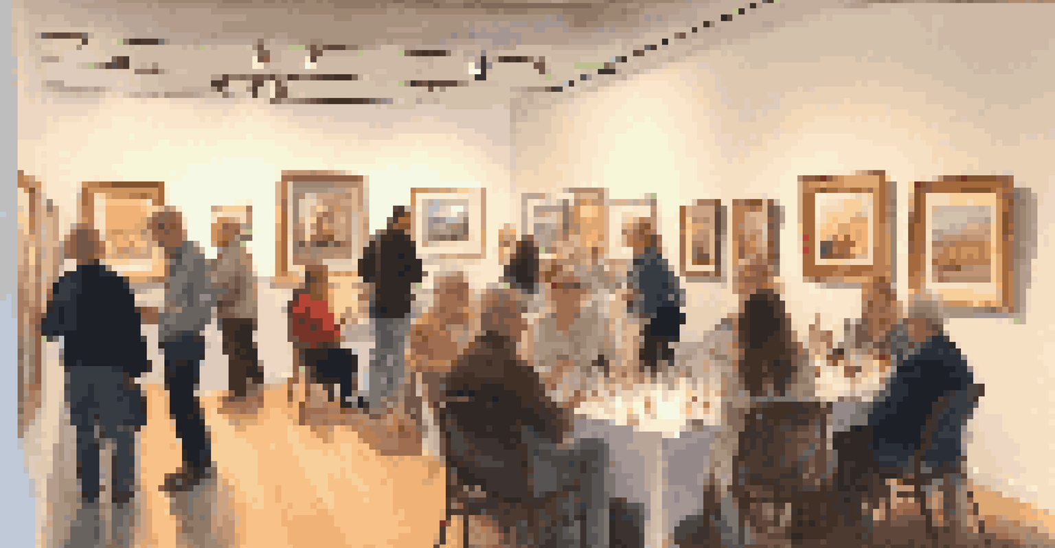 A cozy evening art event with guests enjoying wine and admiring artwork in a warmly lit suburban gallery.