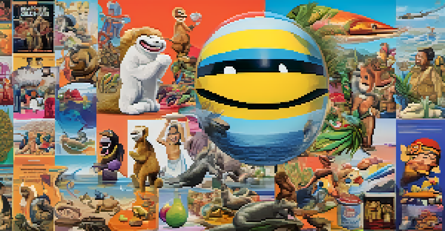 A vibrant digital collage representing the evolution of humor, featuring memes, animated characters, and colorful graphics.