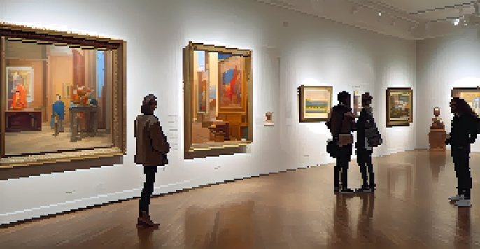 An art gallery with various paintings and sculptures illuminated by warm lighting, with visitors engaging with the art.