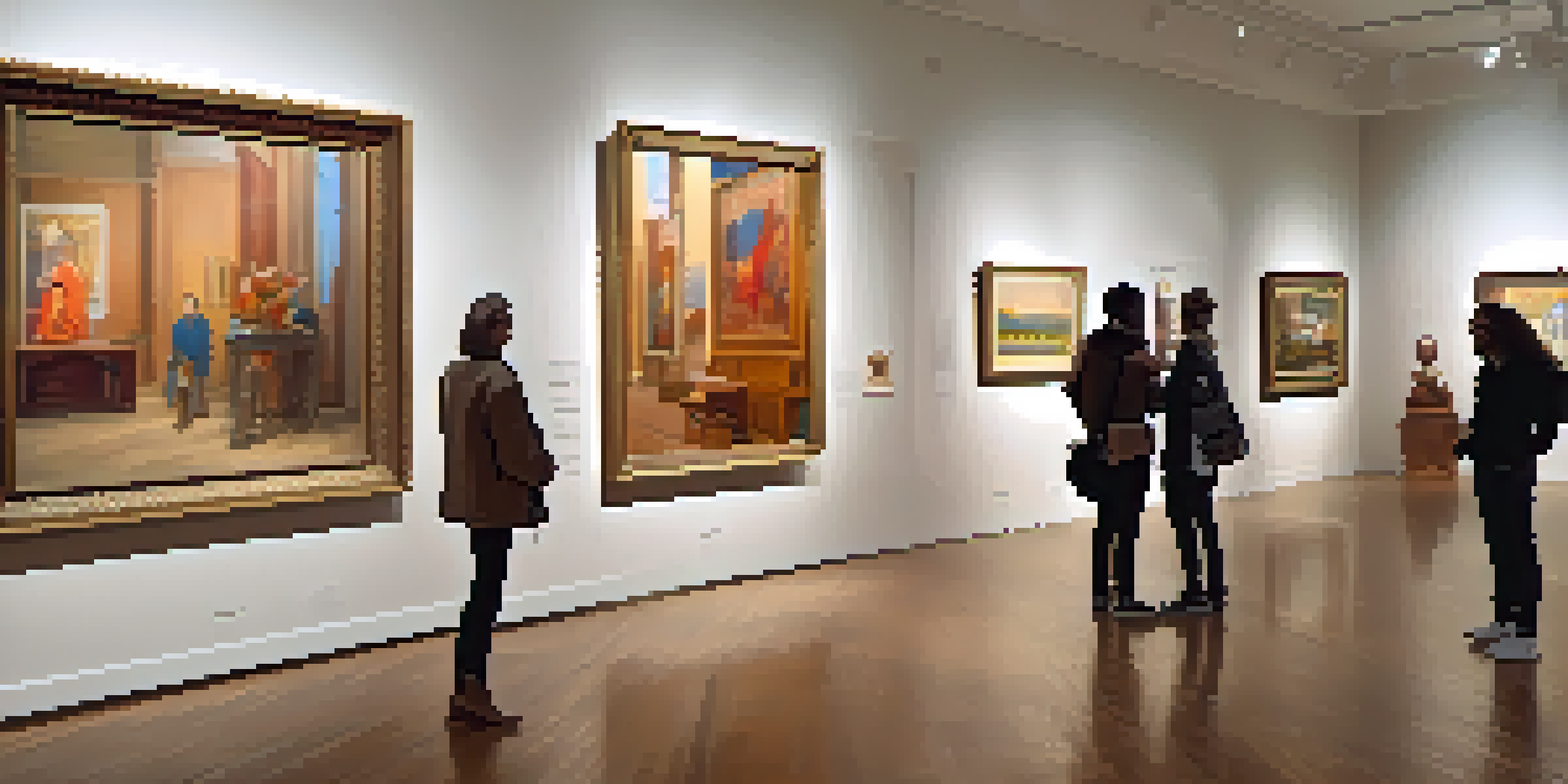 An art gallery with various paintings and sculptures illuminated by warm lighting, with visitors engaging with the art.