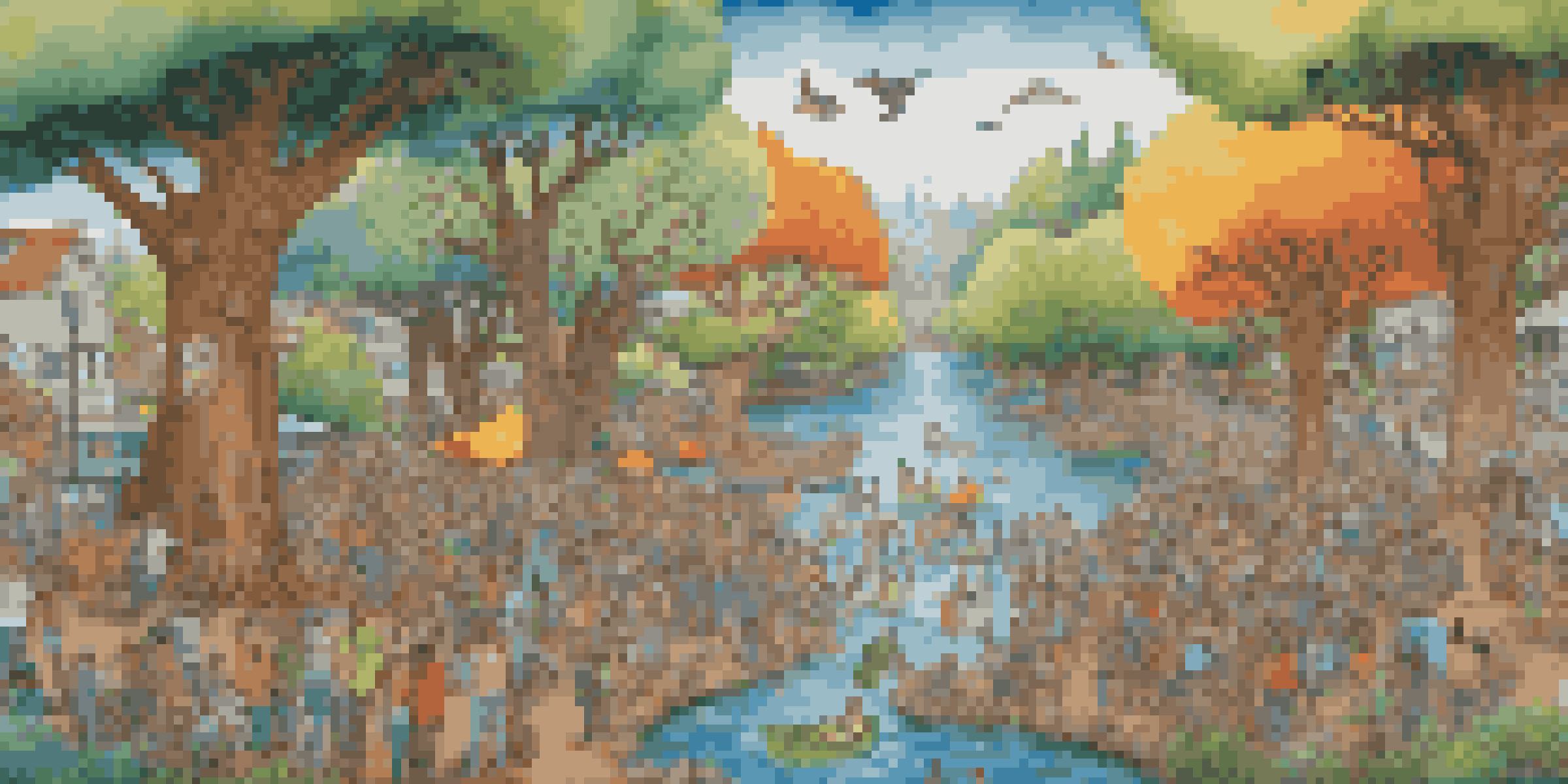A colorful community mural being painted by diverse individuals, showcasing environmental themes like trees and wildlife.