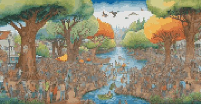 A colorful community mural being painted by diverse individuals, showcasing environmental themes like trees and wildlife.