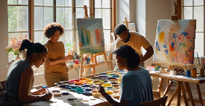 A tranquil art therapy session with diverse individuals creating art in a cozy, well-lit room, surrounded by colorful supplies.