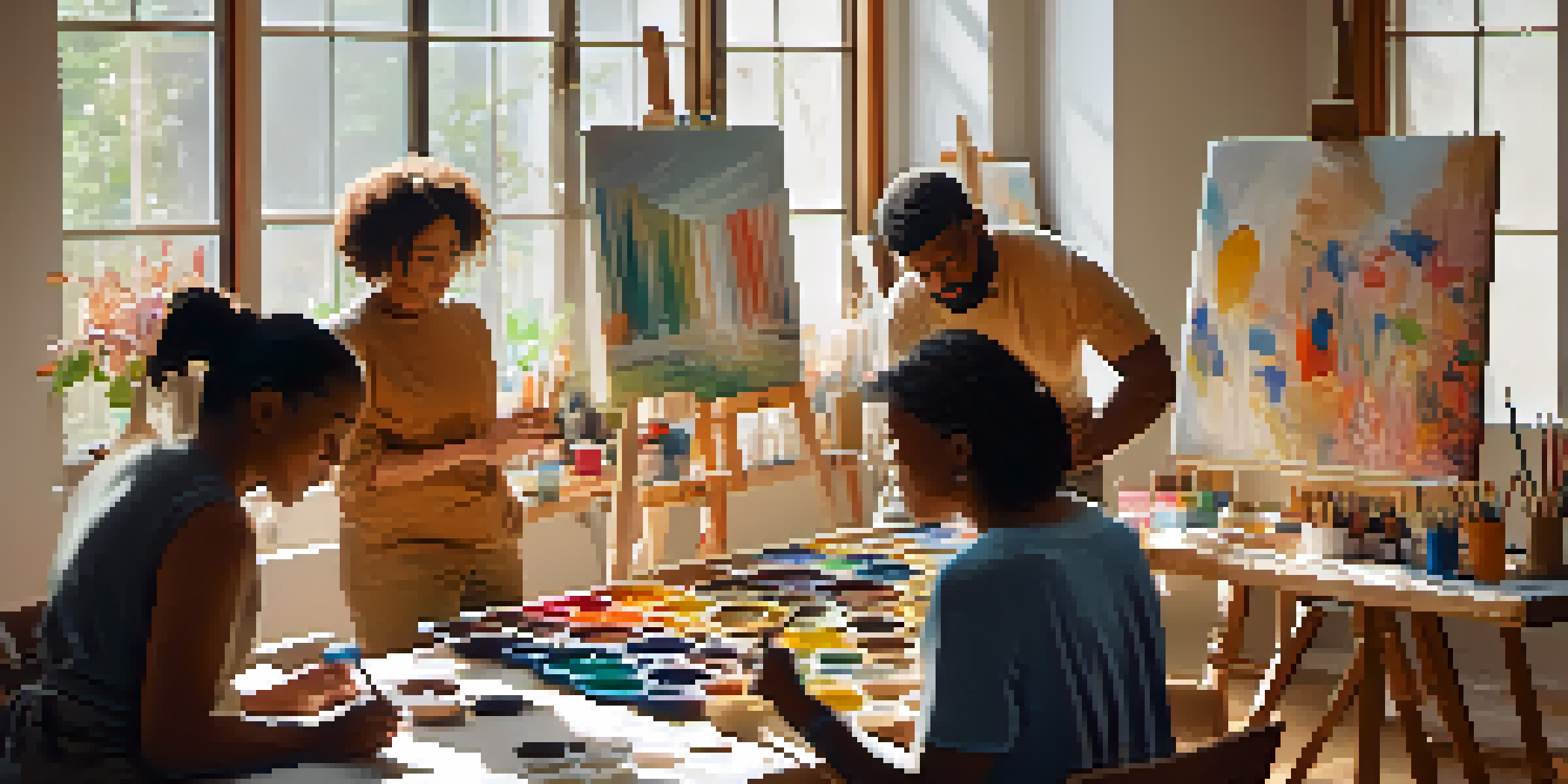A tranquil art therapy session with diverse individuals creating art in a cozy, well-lit room, surrounded by colorful supplies.