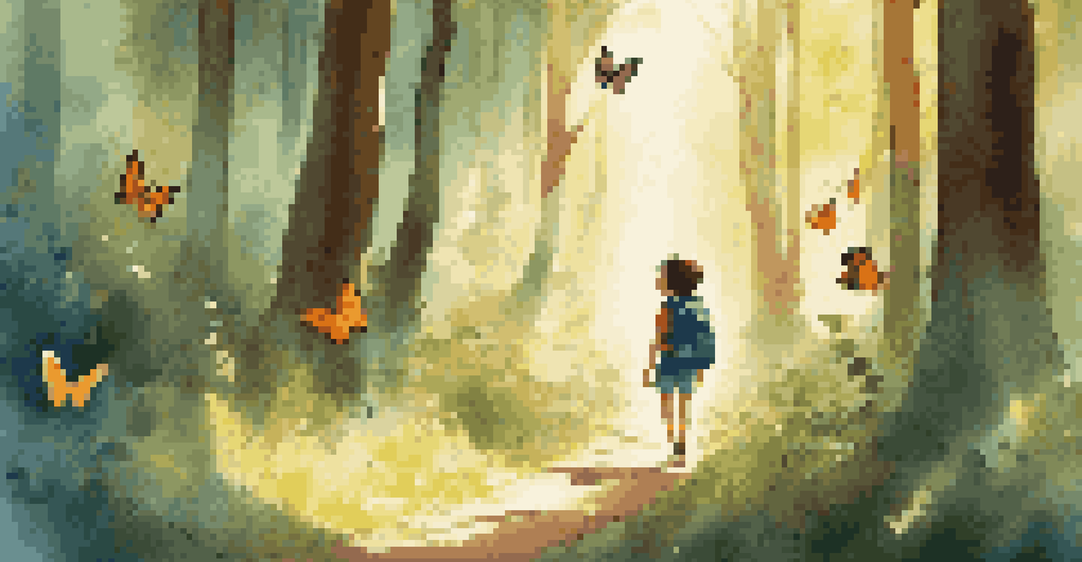 A cheerful digital animation of a character walking in a sunlit forest filled with butterflies.