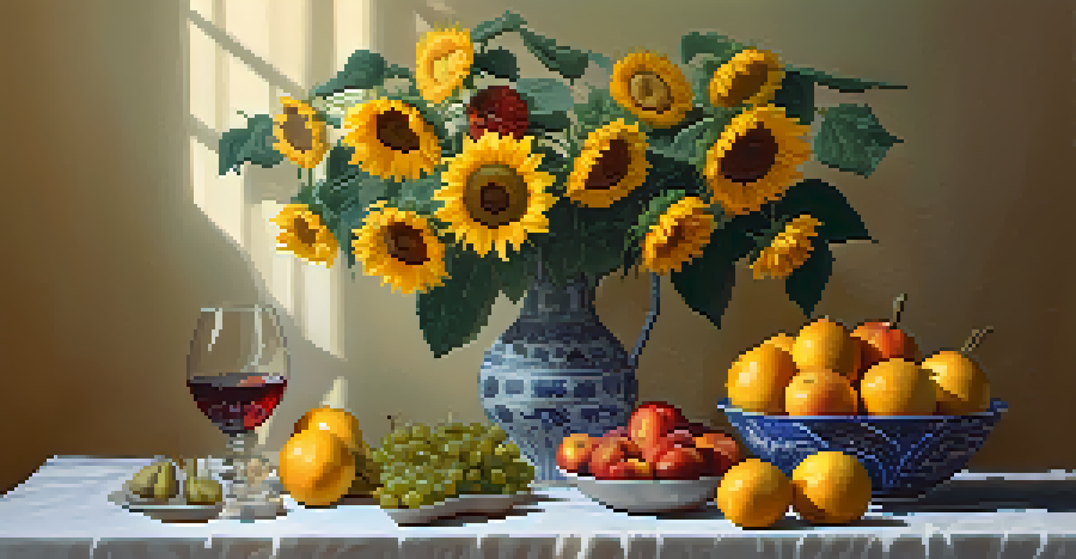 A modern still life with sunflowers and fruits, illuminated by soft light, combining classic and contemporary elements.