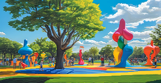 A lively outdoor art installation with colorful, oversized sculptures, where children and adults are interacting and playing under a bright blue sky.