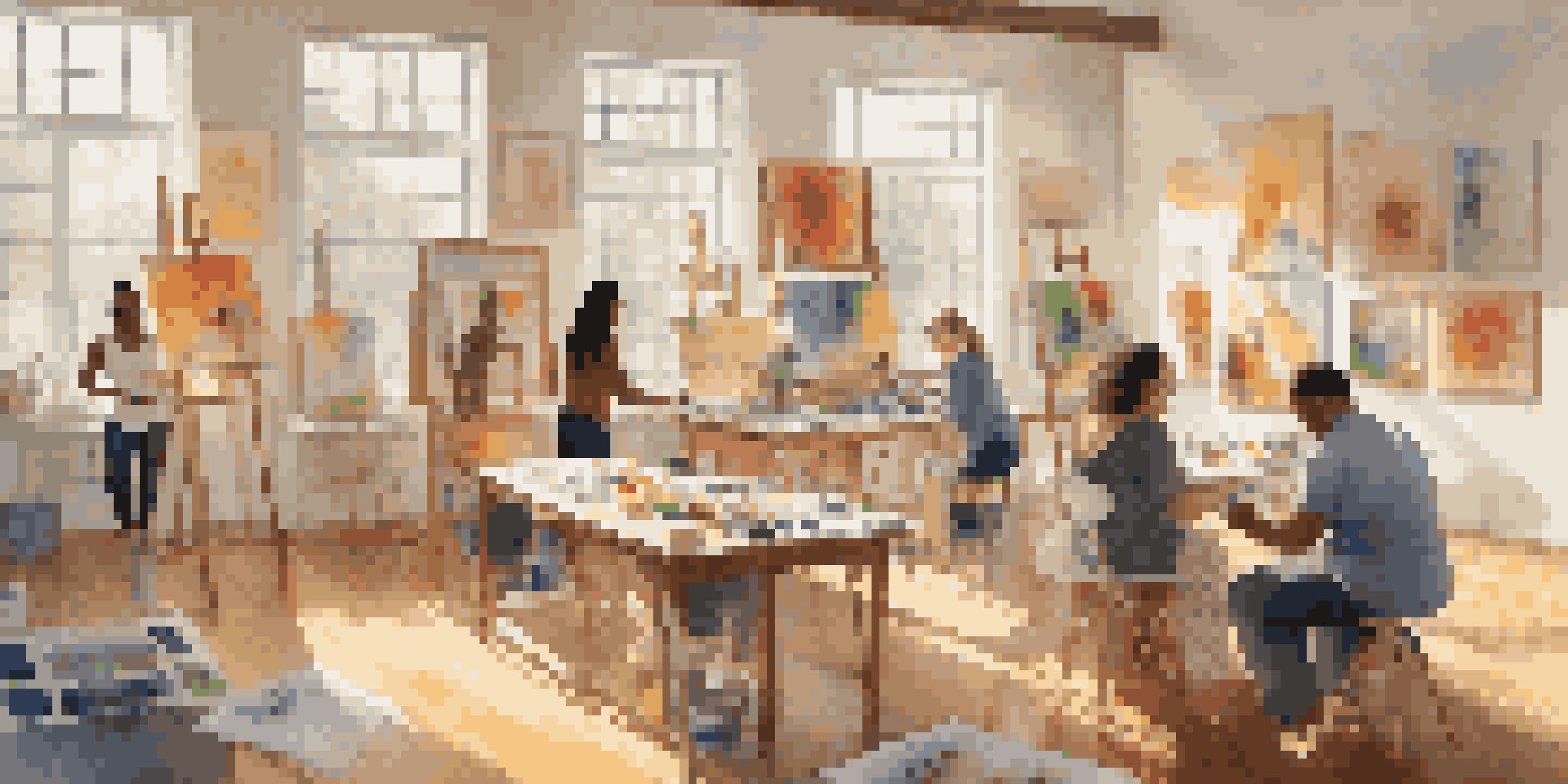 A diverse group of individuals participating in an art therapy session in a bright studio, with colorful artwork on the walls and sunlight streaming in.
