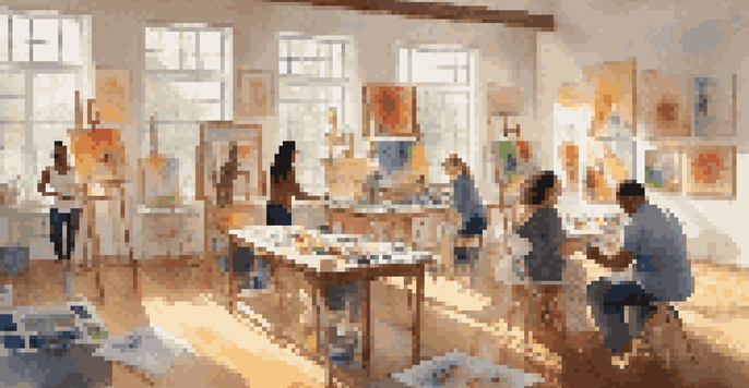 A diverse group of individuals participating in an art therapy session in a bright studio, with colorful artwork on the walls and sunlight streaming in.