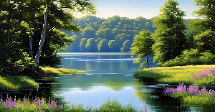 A peaceful lake landscape with green trees, purple flowers, and a clear blue sky, reflecting sunlight on the water.