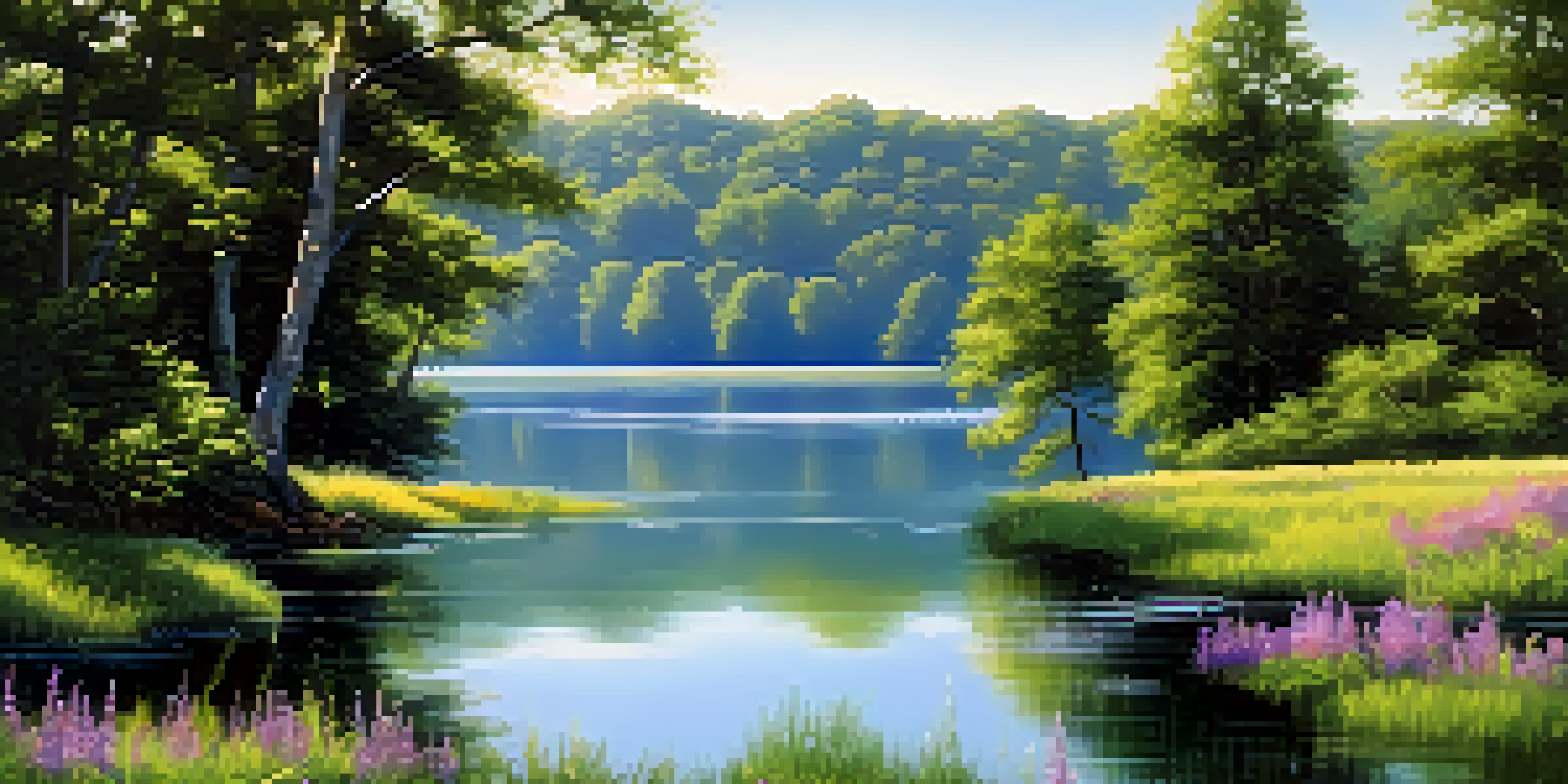 A peaceful lake landscape with green trees, purple flowers, and a clear blue sky, reflecting sunlight on the water.