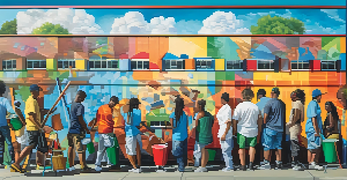 A group of people working together on a vibrant community mural in an outdoor setting.