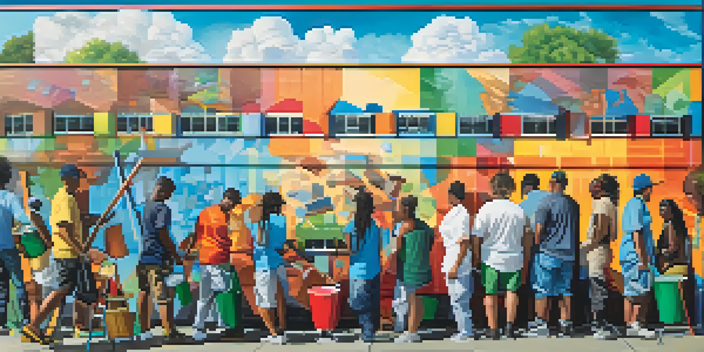 A group of people working together on a vibrant community mural in an outdoor setting.