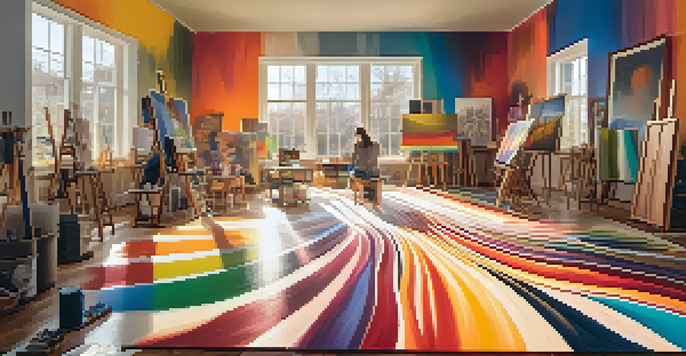 An artist in a colorful studio creating a painting, inspired by sound waves with sunlight streaming in.