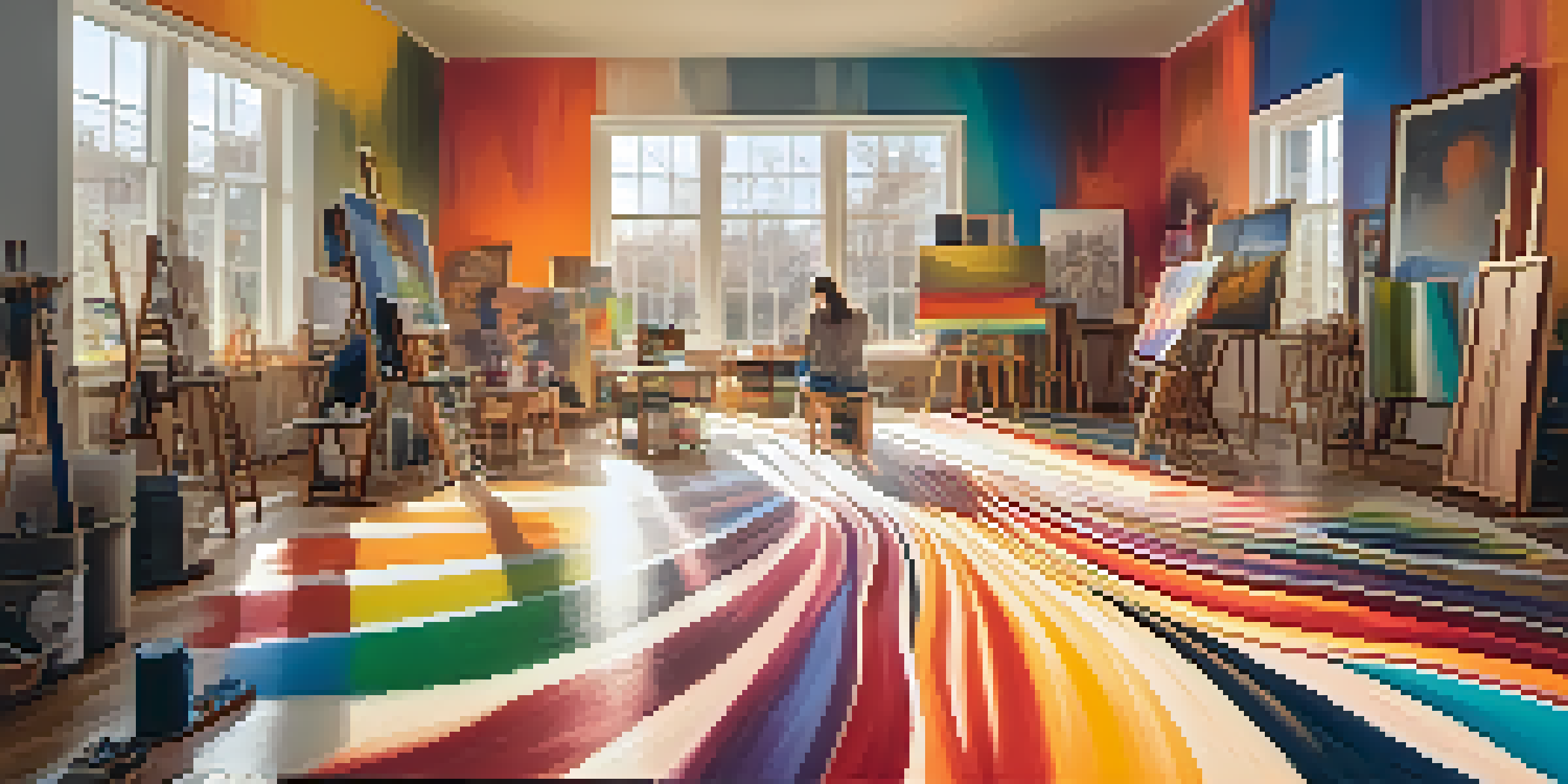 An artist in a colorful studio creating a painting, inspired by sound waves with sunlight streaming in.